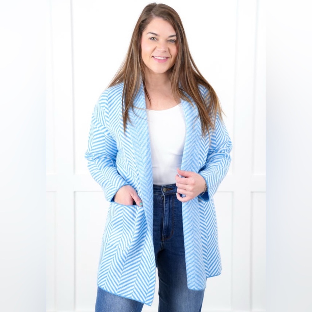 Camille - Blue/White Chevron Women's Open Front Cardigan Sweater - size S